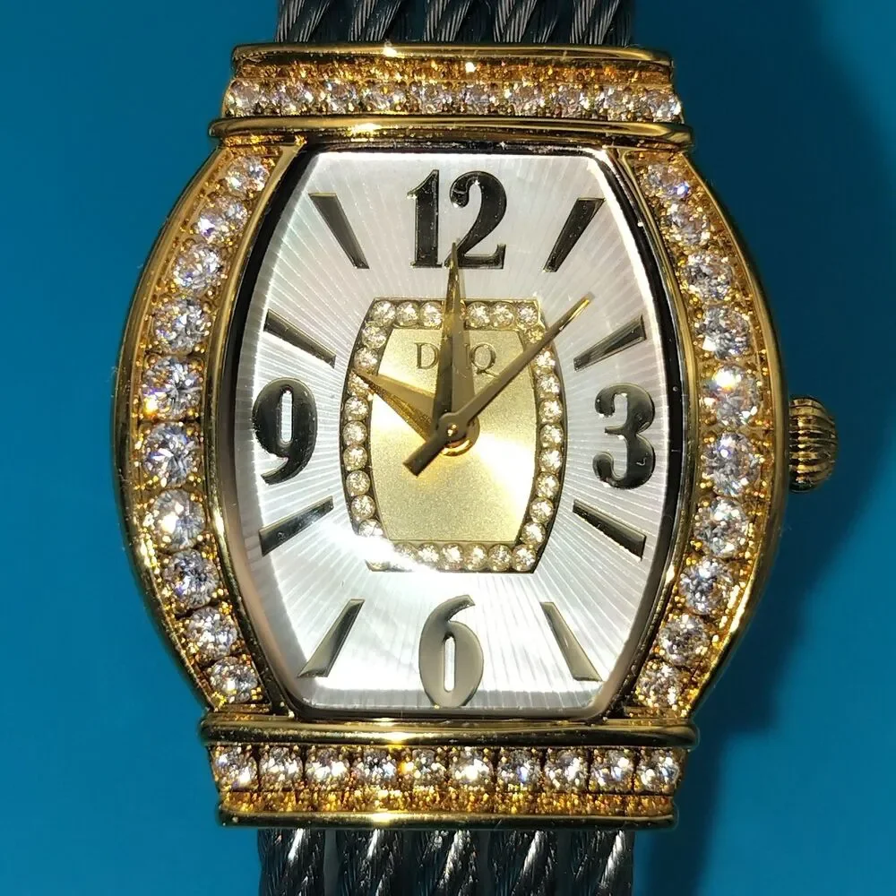 DMQ Women's Gold Tone Cubic Zirconia Mother of Pearl Dial Cable Bangle Watch